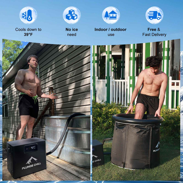 Plunge Chill cold plunge chiller used with two different tubs for indoor/outdoor cold therapy & recovery. No ice needed.