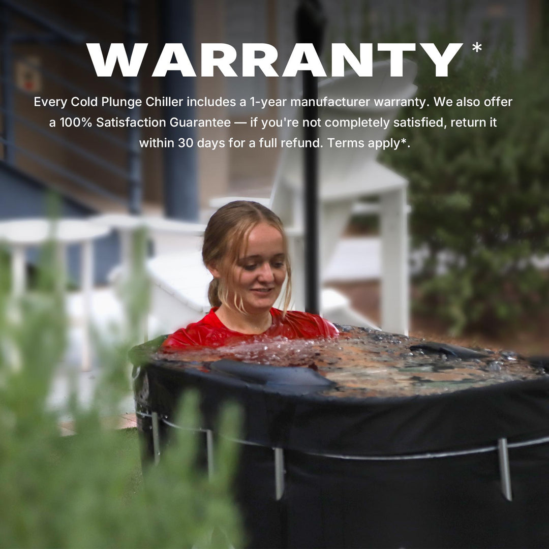 Cold Plunge Chiller: 1-year warranty, 30-day satisfaction guarantee. Smiling woman in portable cold plunge tub.