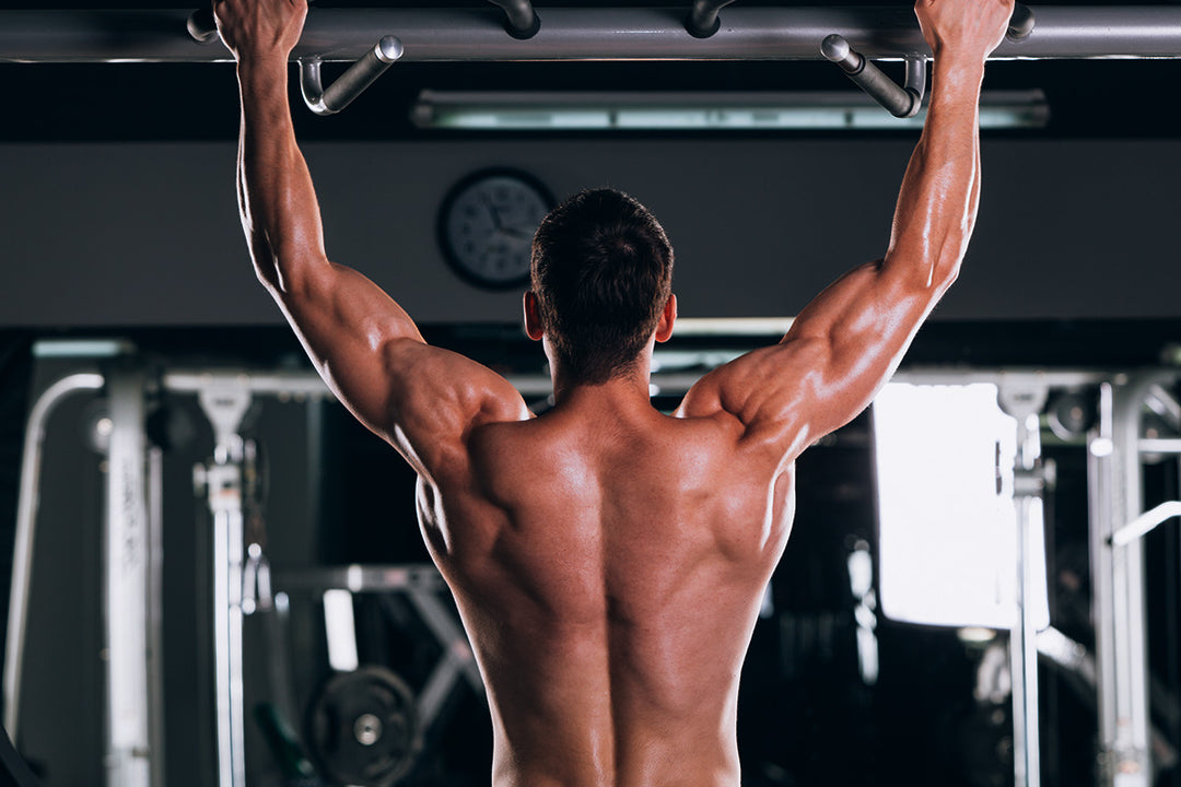 A man doing pull-ups in a gym, rapid muscle recovery and enhanced performance after using a Plunge Chill cold plunge chiller.