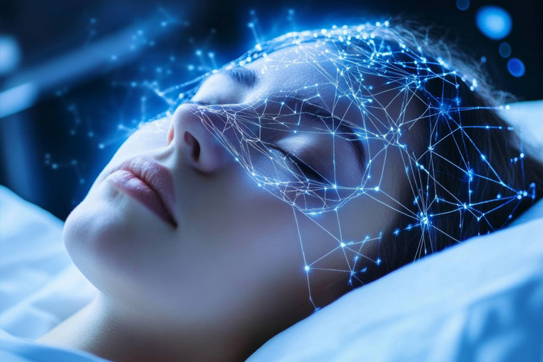 A woman sleeping peacefully with glowing blue neural connections, better sleep quality from Plunge Chill cold plunges.