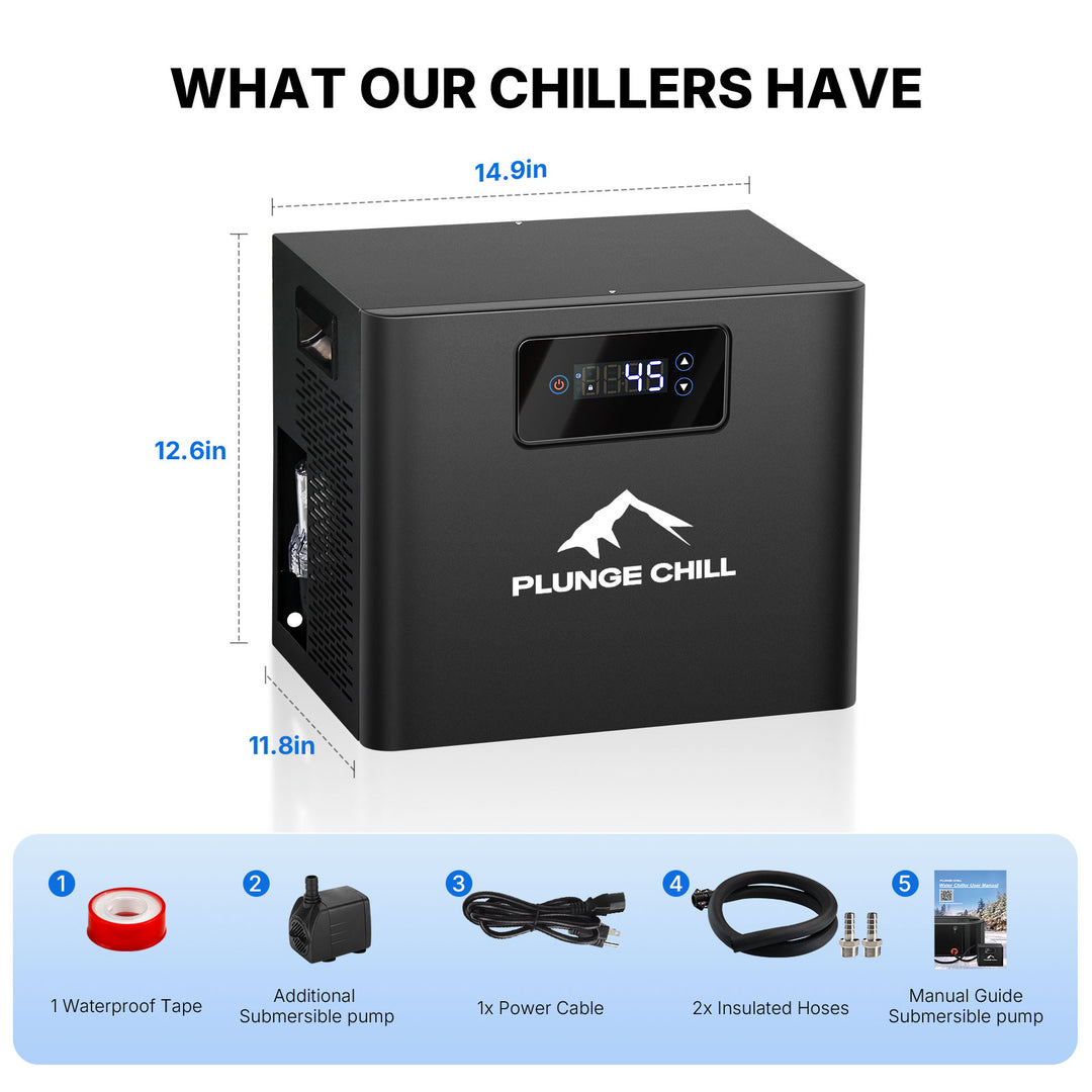 Plunge Chill cold plunge chiller, black, with LED display, pump, hoses, power cable, and manual for recovery.