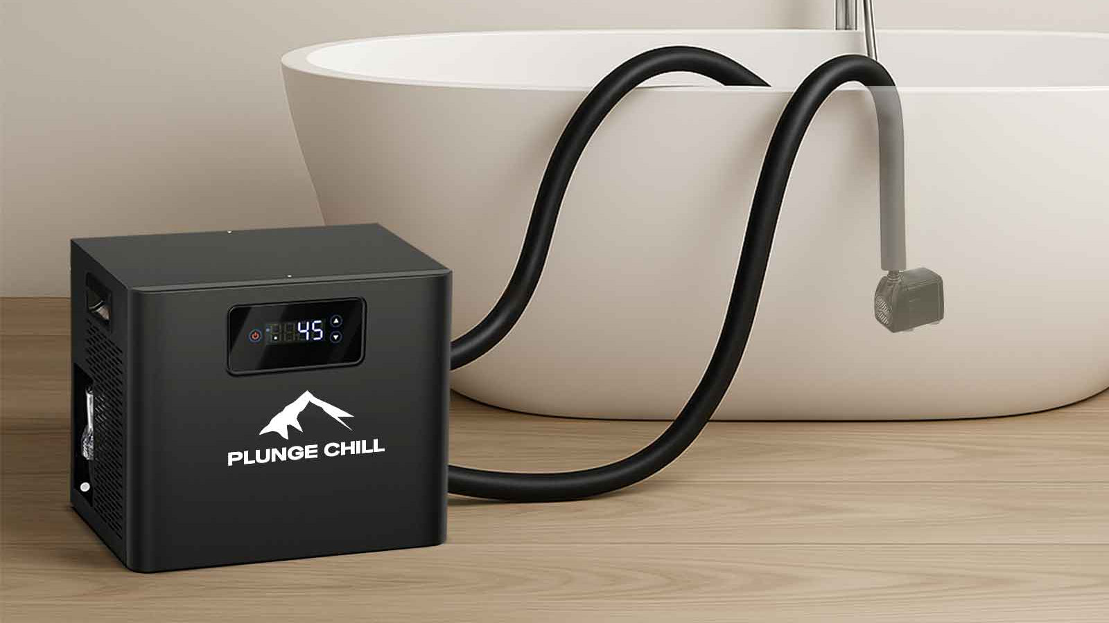 Plunge Chill cold plunge chiller machine connected to a modern white tub, ideal for ice bath recovery and cold therapy.