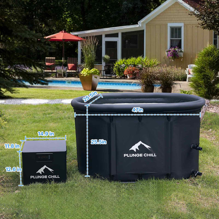 Product diagram of PLUNGE CHILL tub and chiller, with all dimensions labeled.