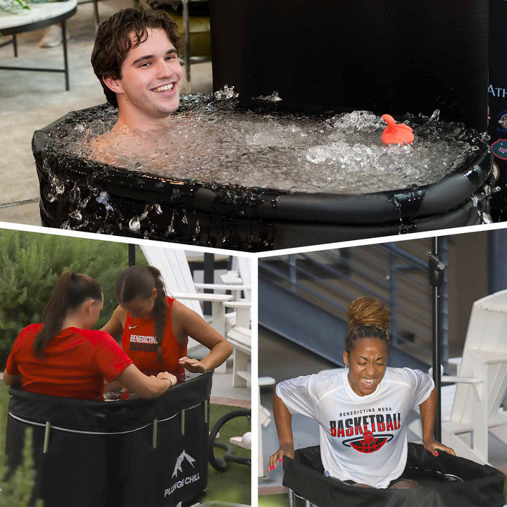 Split-screen showing three people using PLUNGE CHILL tubs for cold therapy and recovery.