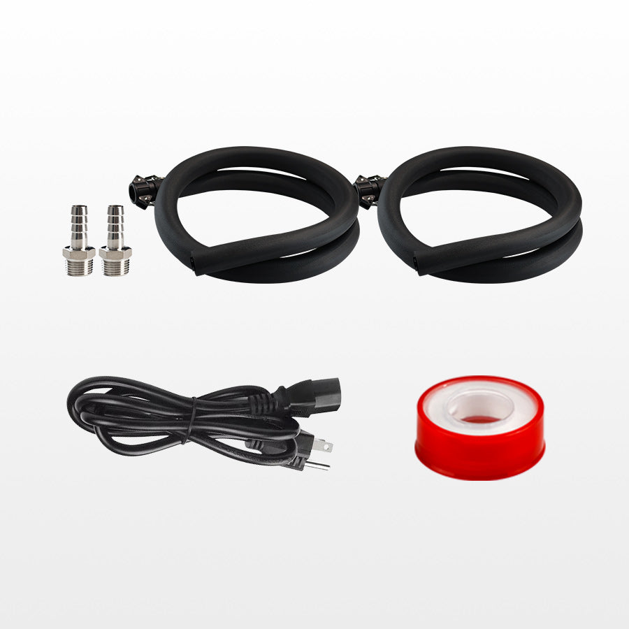Plunge chiller accessories: two black hoses with clamps, two metal hose barbs, a power cable, a waterproof sealing tape.