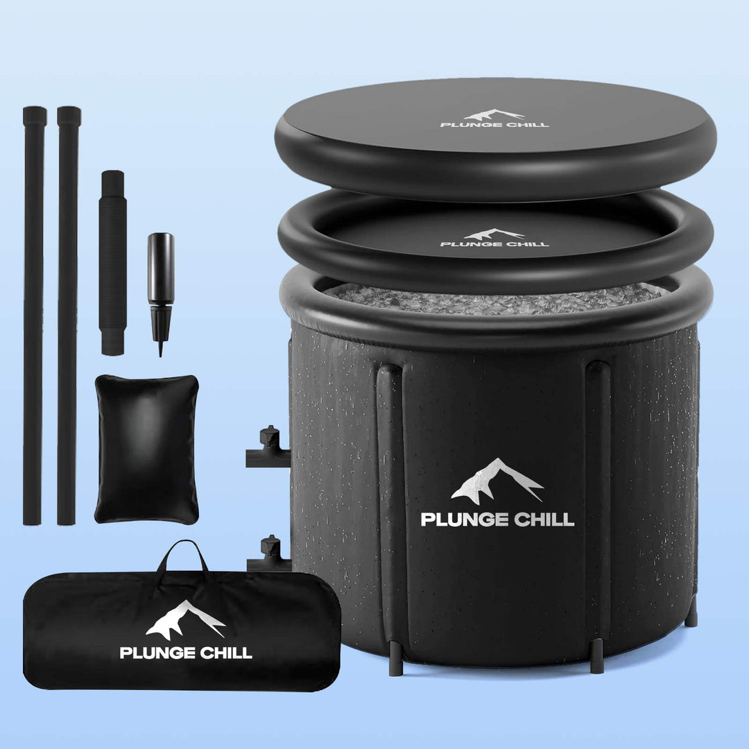 PLUNGE CHILL matte black portable cold plunge tub package with lid, inner ring, support poles, pump, cushion, and carry bag.