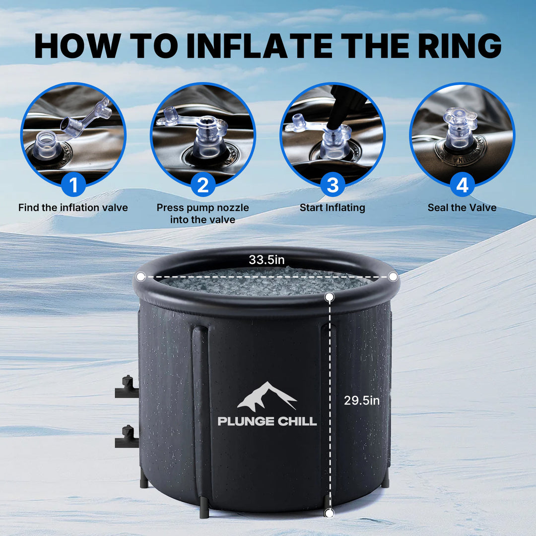 PLUNGE CHILL portable cold plunge tub assembly: 4 steps to inflate ring, showing 33.5in diameter & 29.5in height.
