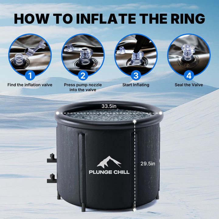 PLUNGE CHILL portable cold plunge tub assembly: 4 steps to inflate ring, showing 33.5in diameter & 29.5in height.