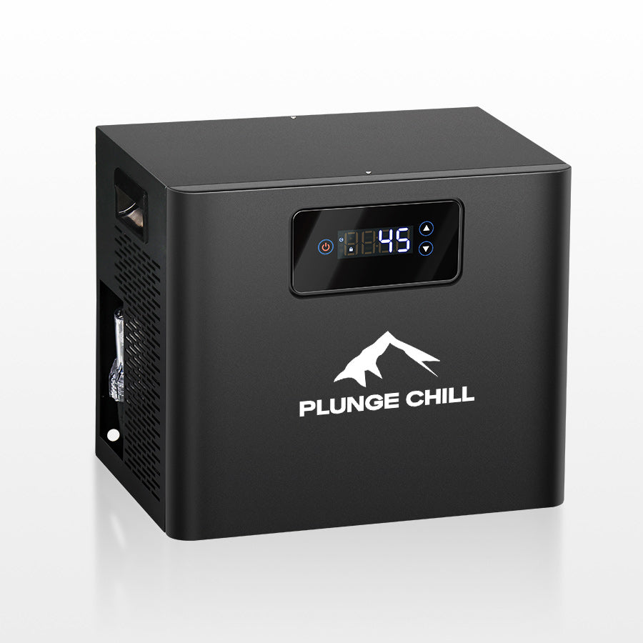The Plunge Chill cold plunge chiller  featuring a digital screen set to 45 °F for ice bath use.