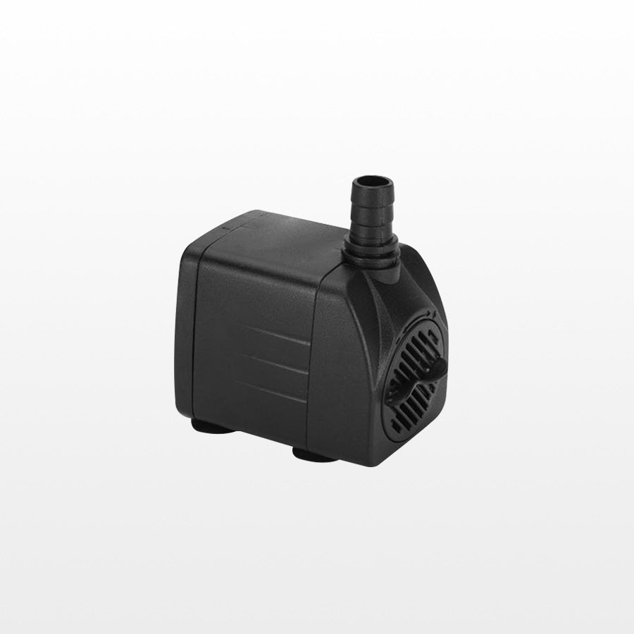 A black submersible water pump for circulating water in a home bathtub or cold plunge tub without built-in inlets/outlets.
