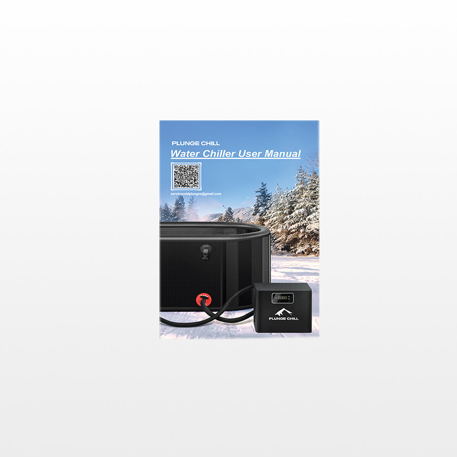 Cover of the Plunge Chill Water Chiller User Manual featuring a black cold plunge tub and chiller unit in a snowy setting.