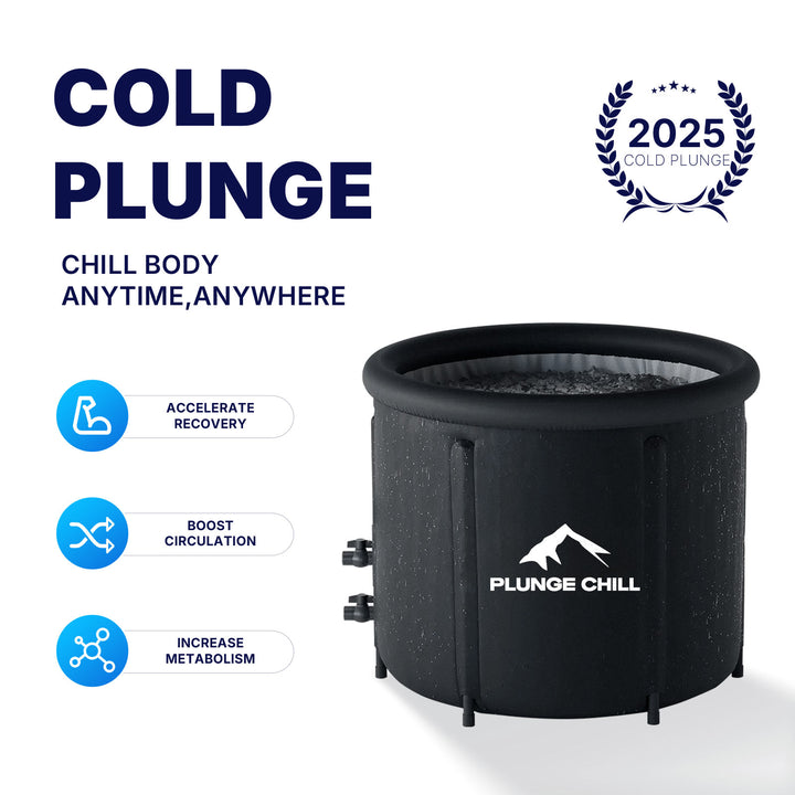 PLUNGE CHILL matte black portable tub with icy water. Promotes recovery, circulation, metabolism & home cold therapy.
