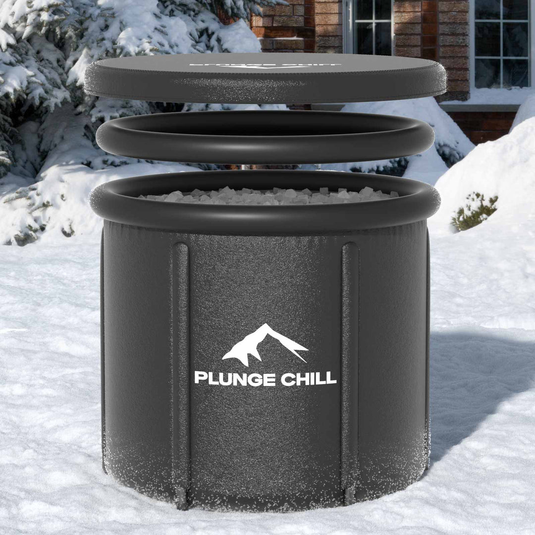 PLUNGE CHILL portable cold plunge tub in matte black. Use with ice for a quick, traditional ice bath or connect to a chiller for consistent, perfectly cold water. Includes lid for convenience.
