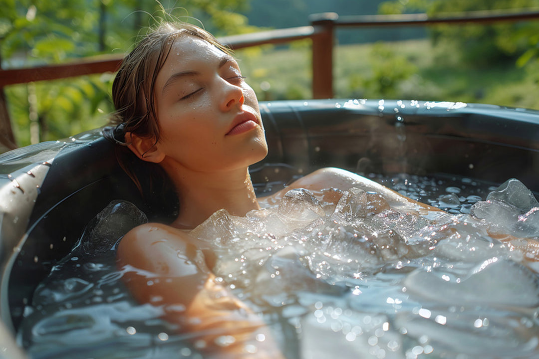 A woman in a Plunge Chill ice bath outdoors, showcasing the mental and physical benefits of cold water immersion therapy.