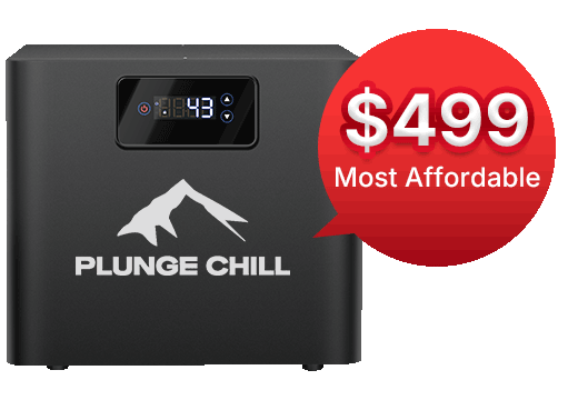 Plunge Chill cold plunge chiller for $499, advertised as the most affordable option for home ice bath therapy.