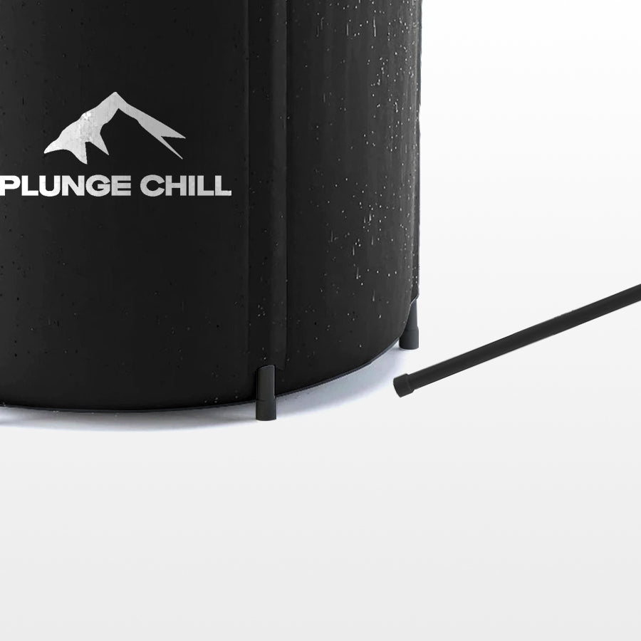 The black Plunge Chill cold plunge tub base , showing the support legs and a detached leg nearby.