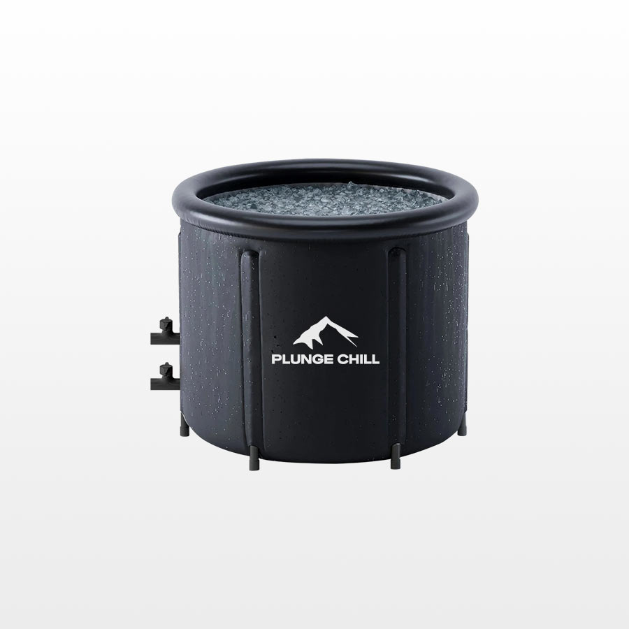 PLUNGE CHILL cold plunge tub, filled with ice and water, two ports for chiller hose connections on the lower left side.