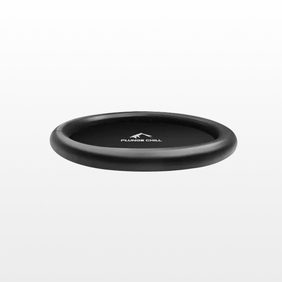 A black, round, inflatable lid for the Plunge Chill cold tub, designed to help insulate and keep the water clean.