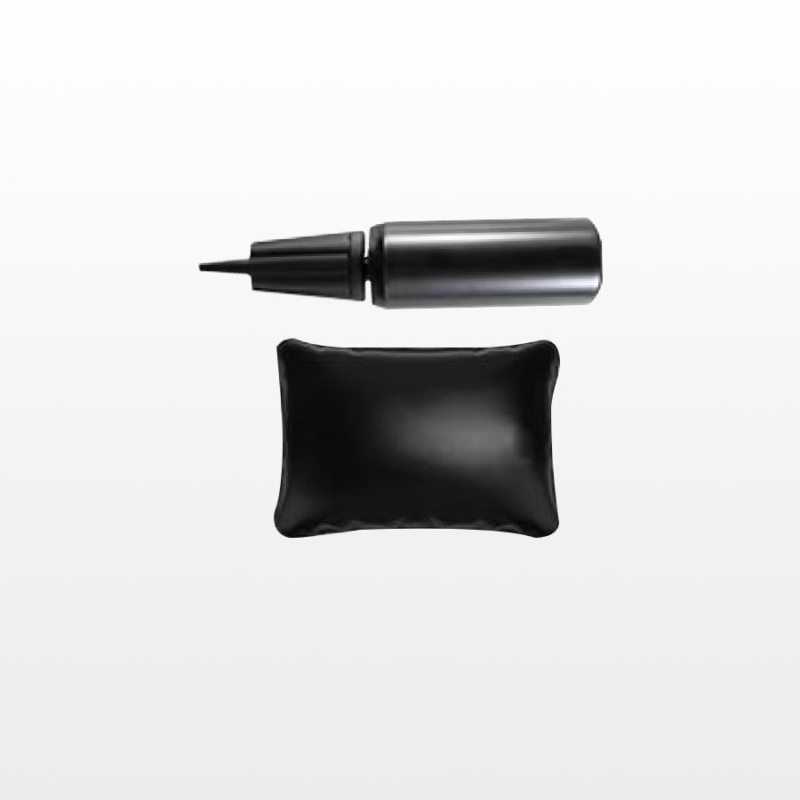 Black hand pump and small inflatable cushion for quick setup and added comfort in the Plunge Chill cold plunge tub.