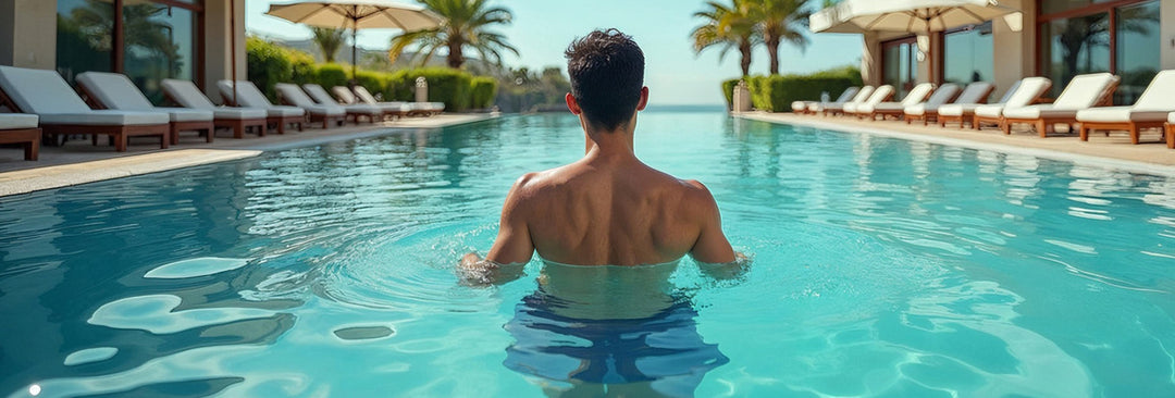Man enjoying luxury resort pool experience similar to home cold plunge therapy for wellness recovery