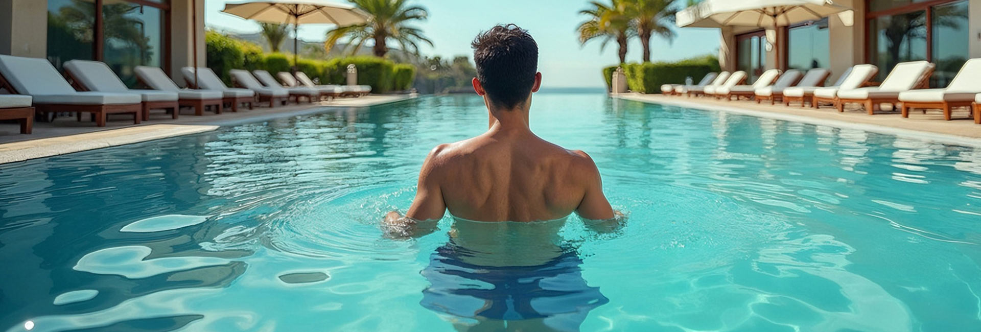 Man enjoying luxury resort pool experience similar to home cold plunge therapy for wellness recovery