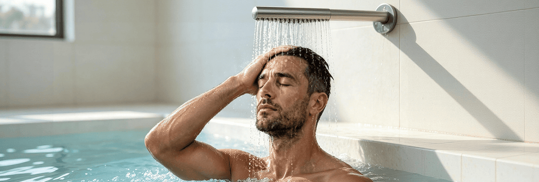Man taking a cold bath in a bathtub with cool shower water flowing over his head.