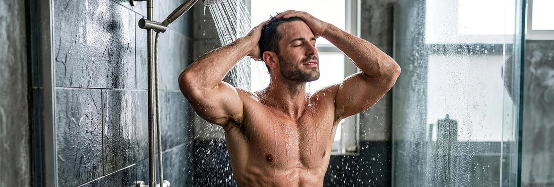 Man taking a cold shower as part of his post-workout recovery routine.