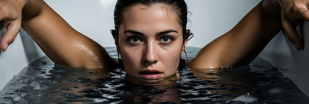 Intense close-up of a young woman submerged up to her neck in a white ice bath, staring directly at the camera, illustrating cold water therapy and mental toughness.