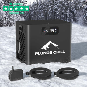 Black Plunge Chill cold plunge chiller (39°F), pump hoses on snow, forest background. Trustpilot 4.6-score.