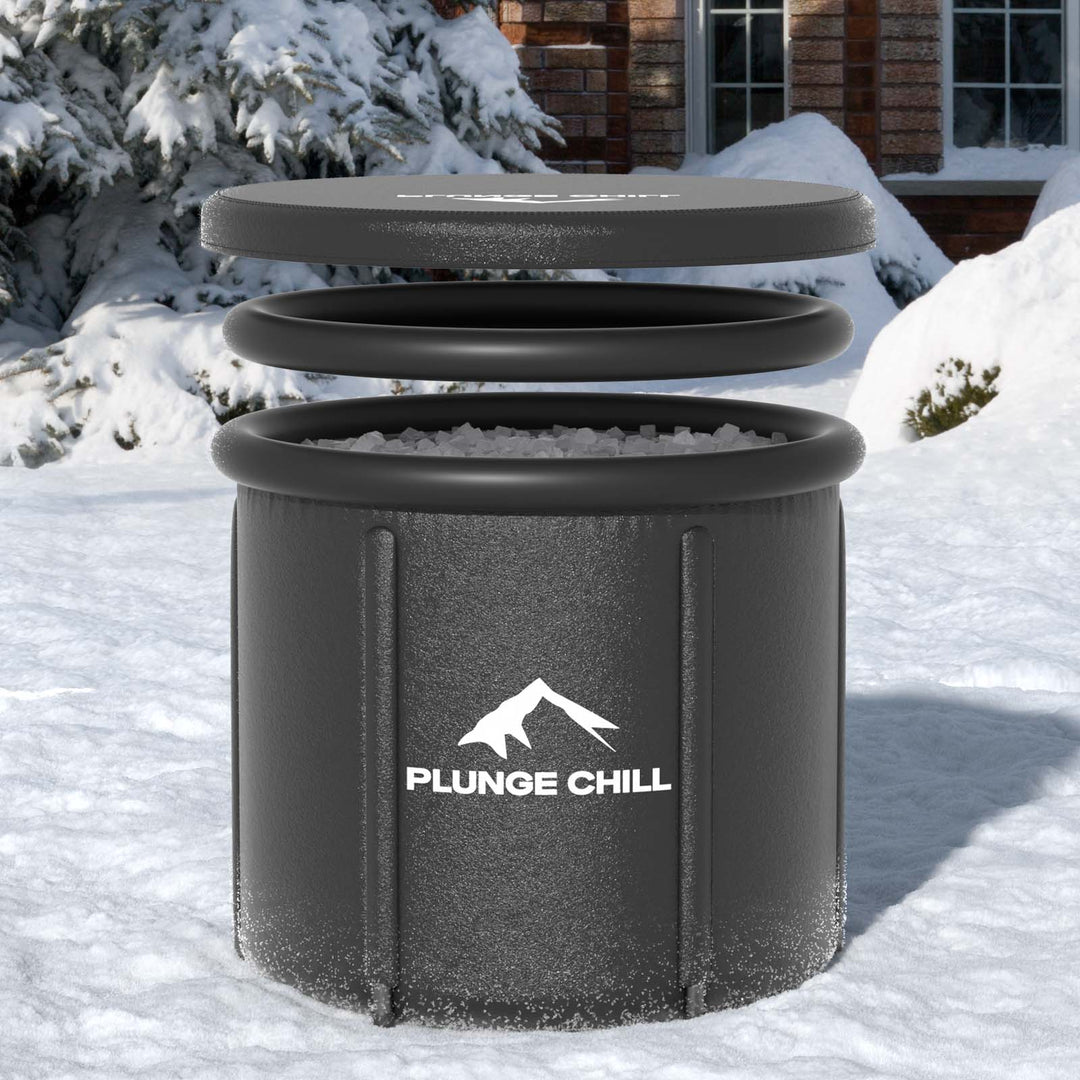 PLUNGE CHILL portable cold plunge tub in matte black. Use with ice for a quick, traditional ice bath or connect to a chiller for consistent, perfectly cold water. Includes lid for convenience.