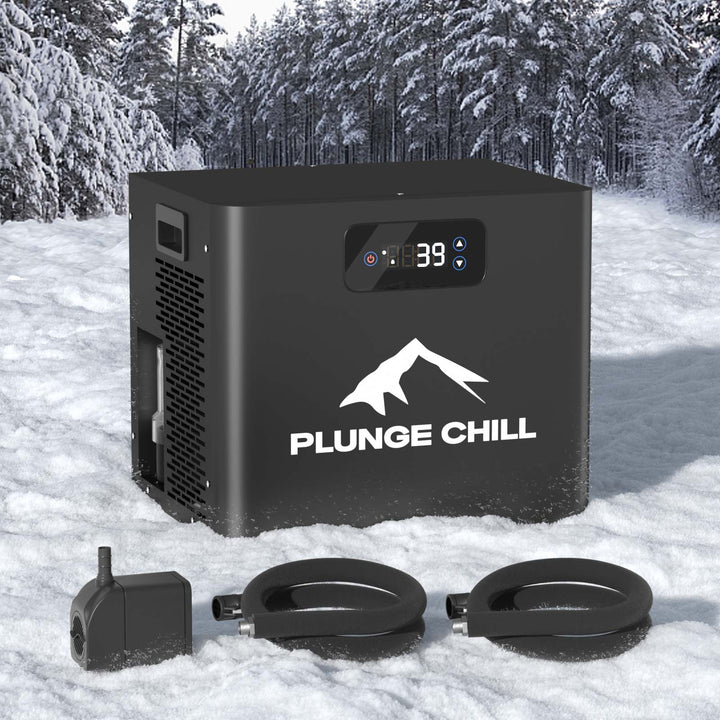 Black Plunge Chill cold plunge chiller (39°F), pump hoses on snow, forest background. Trustpilot 4.7-score.