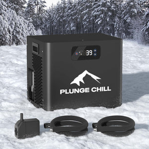 Black Plunge Chill cold plunge chiller (39°F), pump hoses on snow, forest background. Trustpilot 4.7-score.
