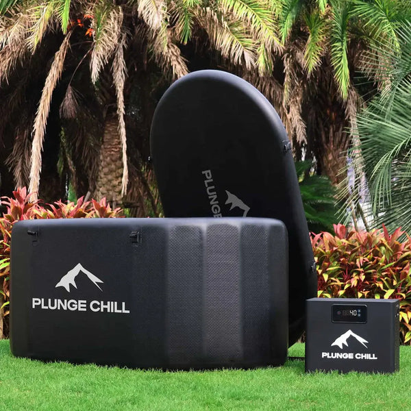 Plunge Chill Pro Tub set with water chiller and insulated lid on grass, professional cold therapy equipment.