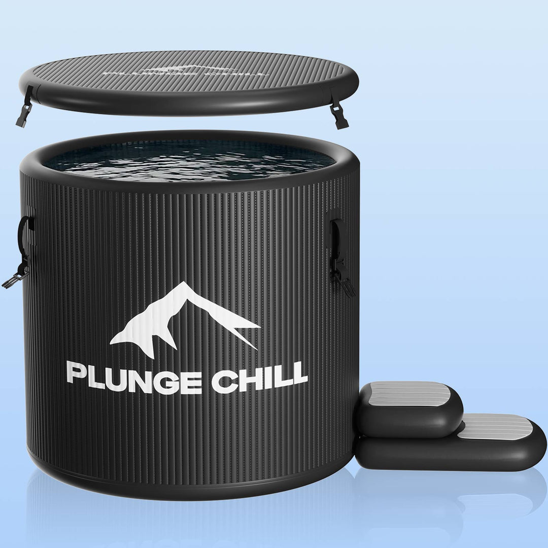 Black foldable Plunge Chill PVC cold plunge tub with insulated lid and matching inflatable step pads