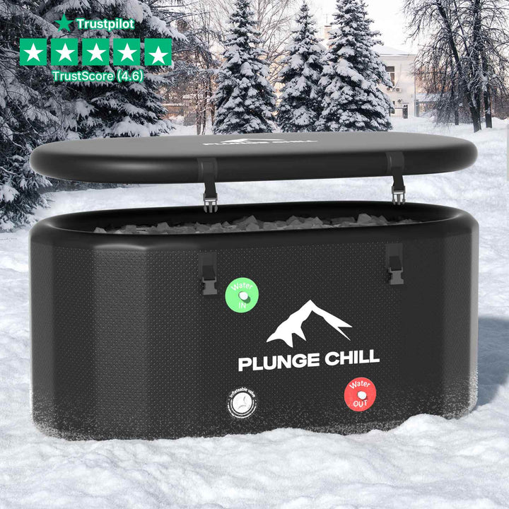 Black inflatable PLUNGE CHILL PRO cold therapy tub and lid, with clear Water IN/OUT labels for easy use.
