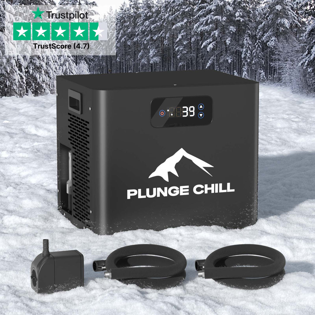 Black Plunge Chill cold plunge chiller (39°F), pump hoses on snow, forest background. Trustpilot 4.7-score.