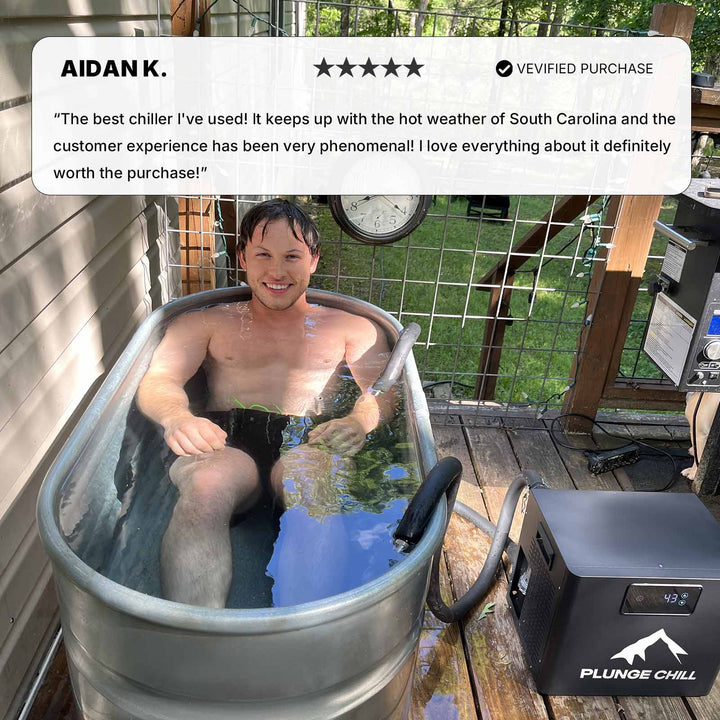 Man using Plunge Chill chiller and tub on a porch. “Best chiller I’ve used—handles South Carolina heat!” says verified buyer Aidan K.