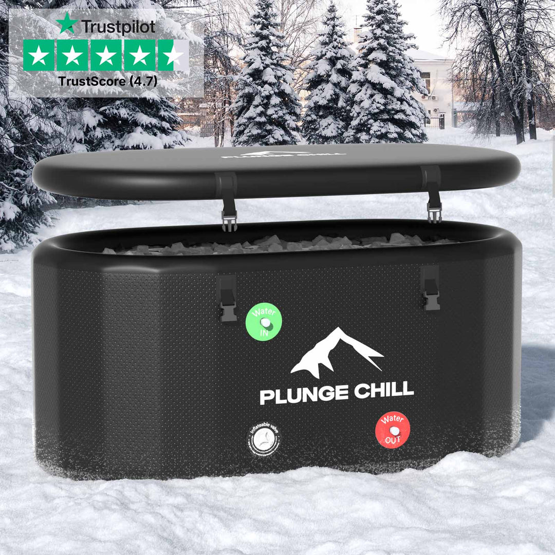 Black inflatable PLUNGE CHILL PRO cold therapy tub and lid, with clear Water IN/OUT labels for easy use.