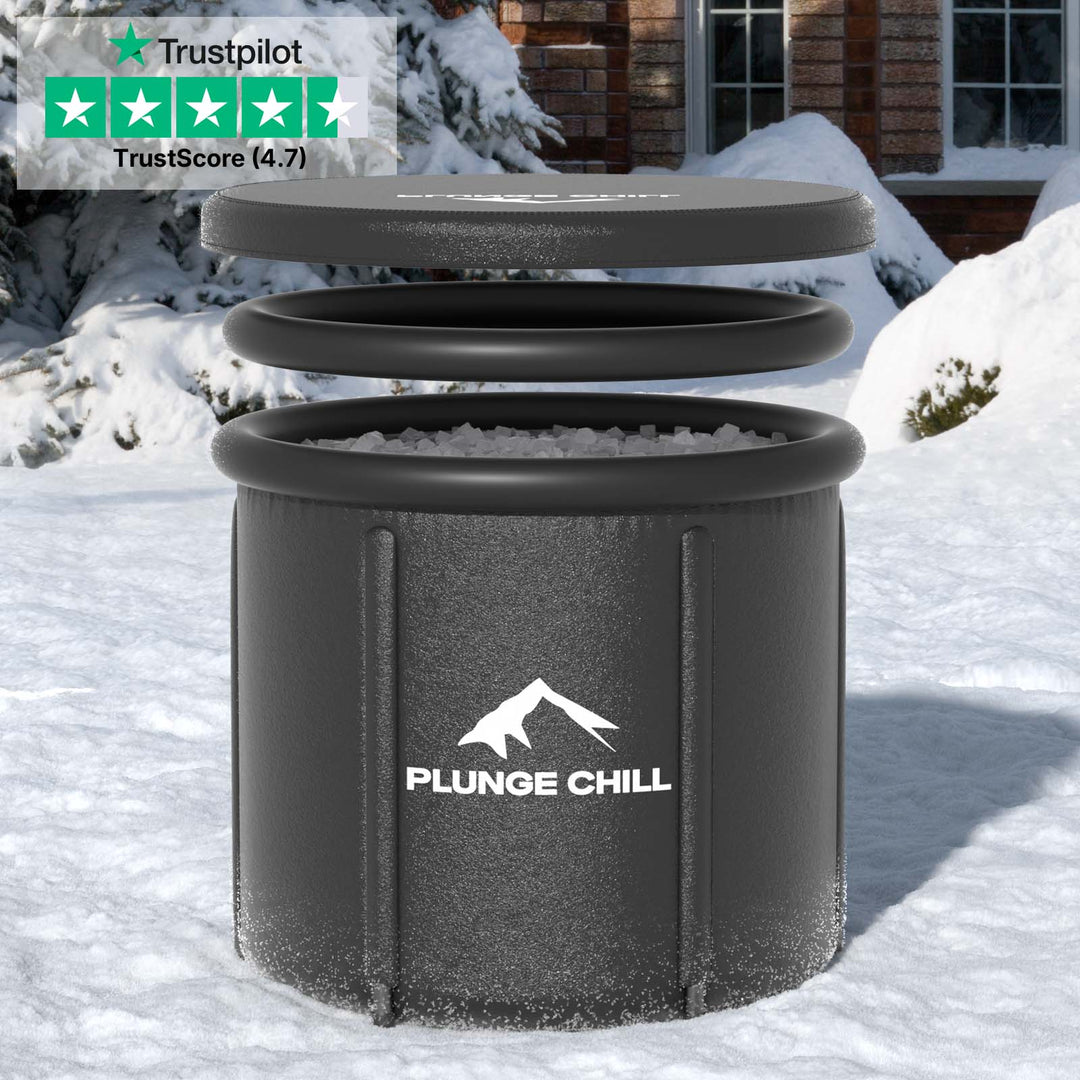 PLUNGE CHILL portable cold plunge tub in matte black. Use with ice for a quick, traditional ice bath or connect to a chiller for consistent, perfectly cold water. Includes lid for convenience.