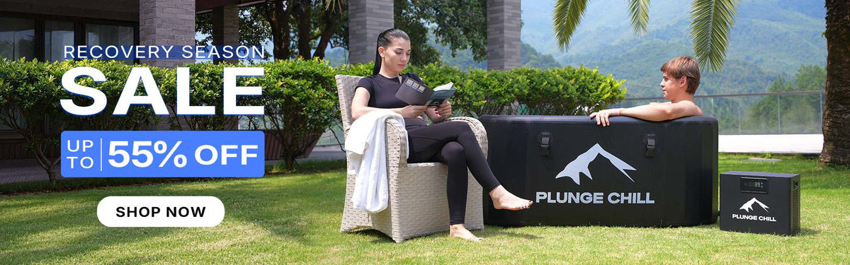 Plunge Chill Recovery Season Sale featuring a cold plunge tub and chiller with up to 55% off.
