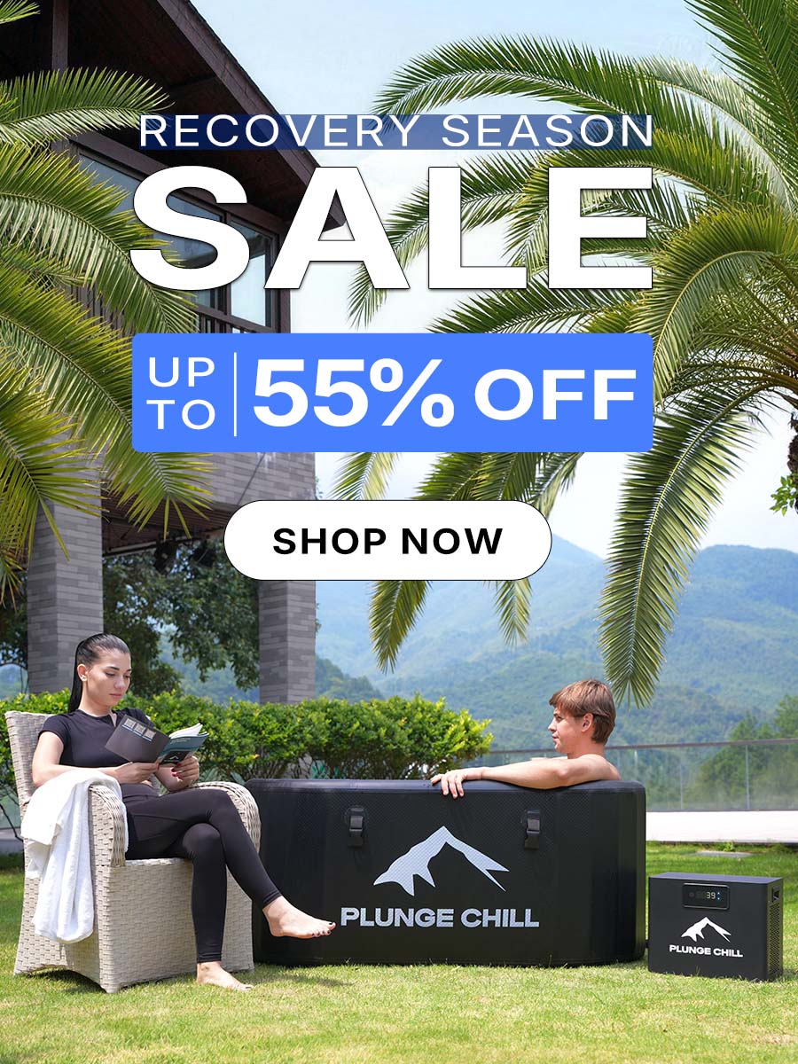 Plunge Chill Recovery Season Sale featuring a cold plunge tub and chiller with up to 55% off.