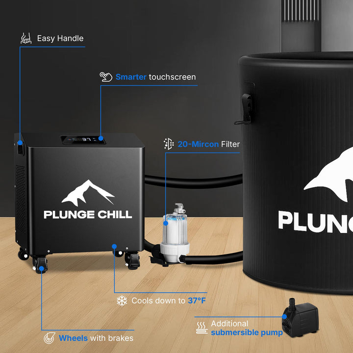 Matte black 1HP Cold Plunge Chiller, with smart touchscreen, wheels, filter, and pump. Ready for cold therapy tubs.