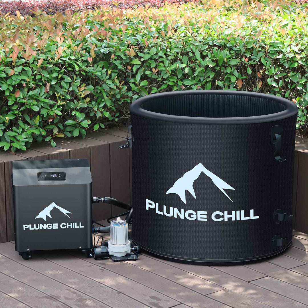 Matte black 1HP Cold Plunge Chiller with inflatable tub (43°F display) for outdoor cold therapy on a deck.