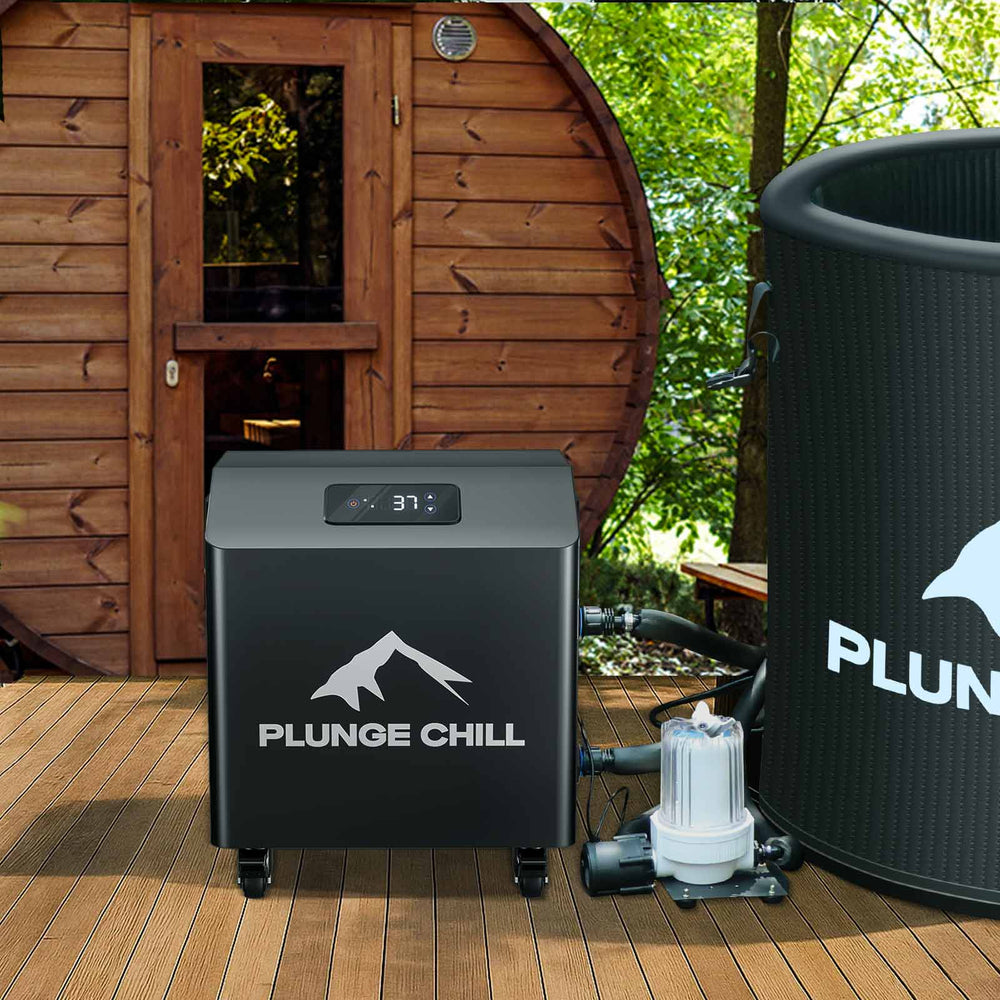 Ice bath water chiller connected to an outdoor tub, alongside a sauna for cold therapy sessions.