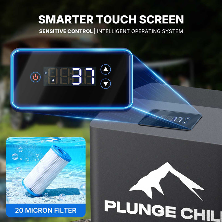 Matte black 1HP Cold Plunge Chiller with smart 37°F digital touch screen display & 20 micron water filter for cold therapy.