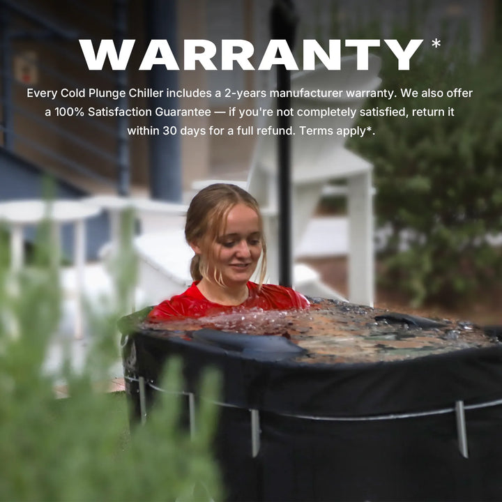 Cold Plunge Chiller: 2-year warranty, 30-day satisfaction guarantee. Smiling woman in portable cold plunge tub.