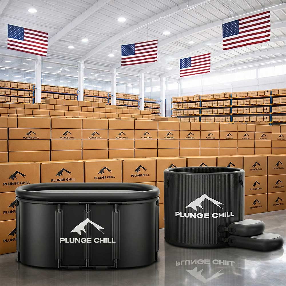 The Plunge Chill cold plunge tub is stored in the warehouse.