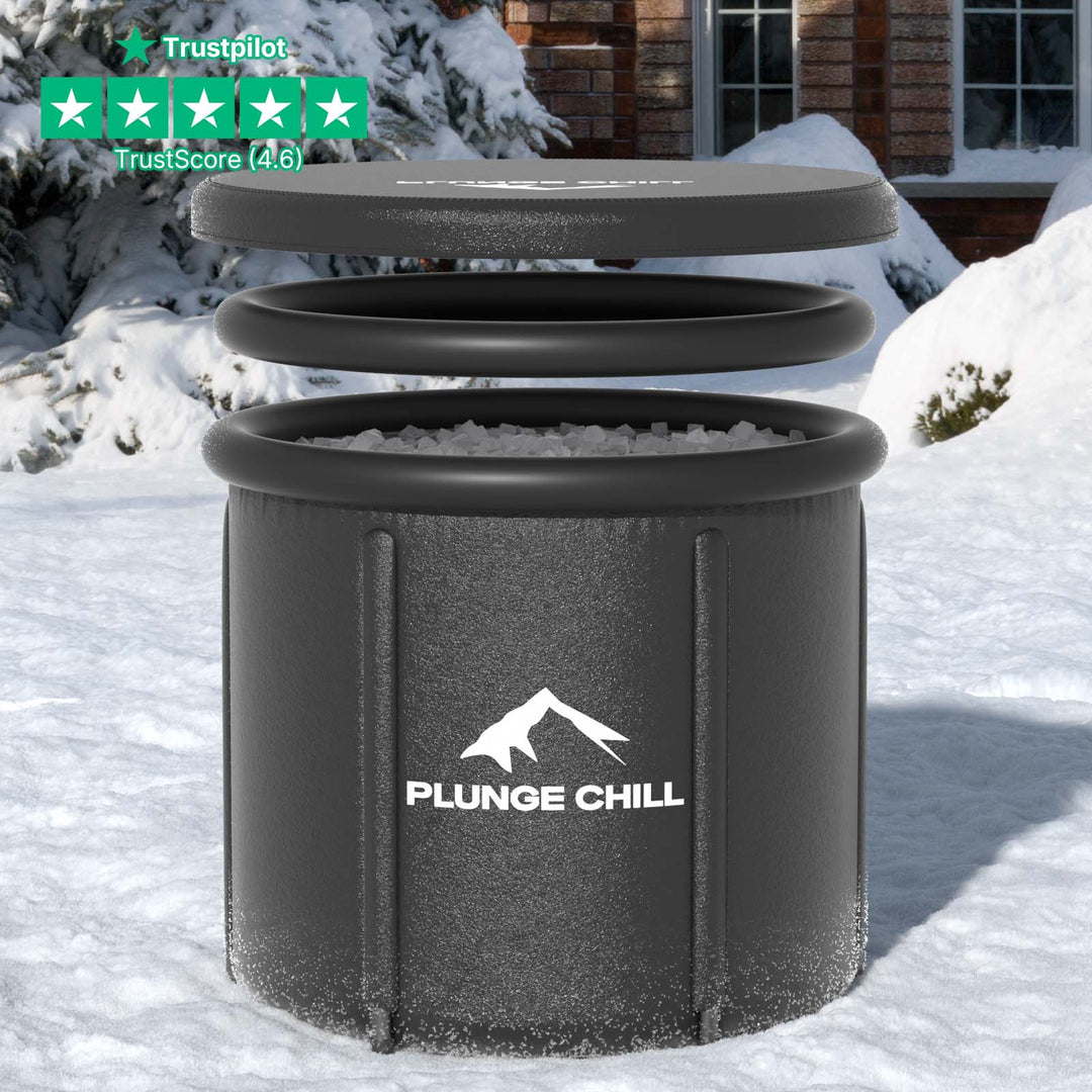 PLUNGE CHILL portable cold plunge tub in matte black. Use with ice for a quick, traditional ice bath or connect to a chiller for consistent, perfectly cold water. Includes lid for convenience.