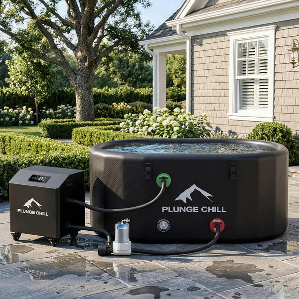 PLUNGE CHILL Pro cold plunge tub with 1HP chiller setup outdoors for ice bath therapy.