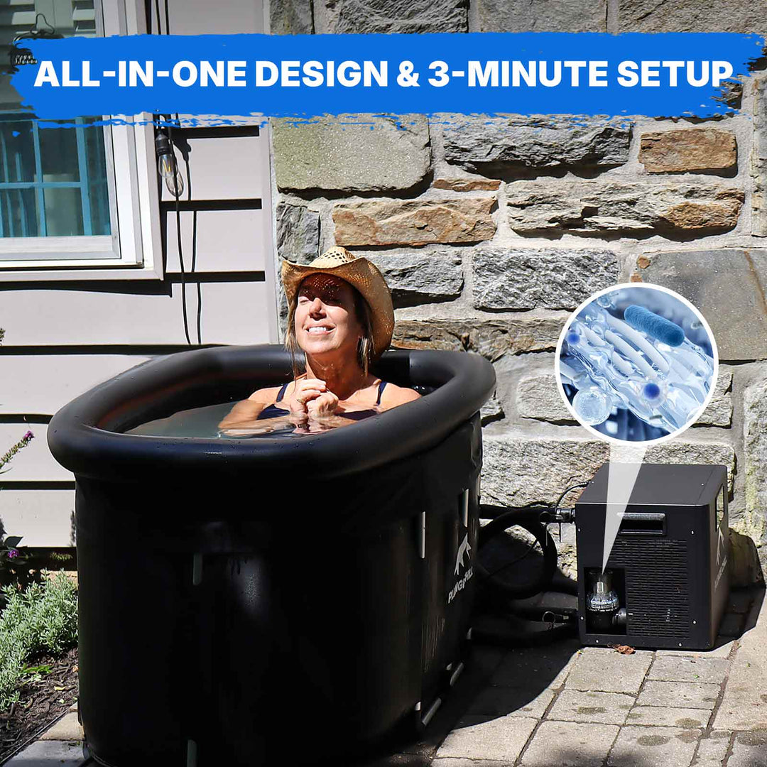Plunge Chill all-in-one cold plunge system with woman enjoying cold therapy, highlighting 3-minute setup & filtration.